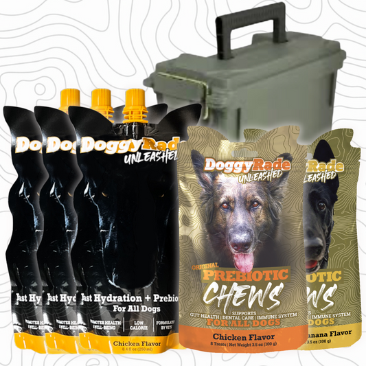 [AMMO CAN BUNDLE]  DoggyRade Unleashed Hydration + Prebiotics/Chicken & Peanut Banana Chews