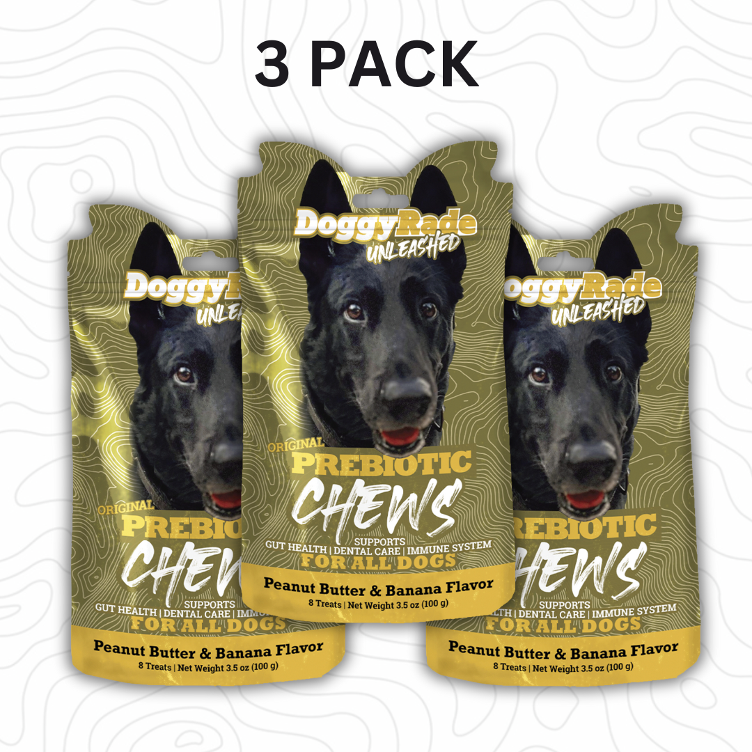 [3 PACK] DoggyRade Unleashed Prebiotic Chews/Peanut Butter and Banana/Vegan/Gut Health/Dental Care/3 x 3.5 ounce pouches